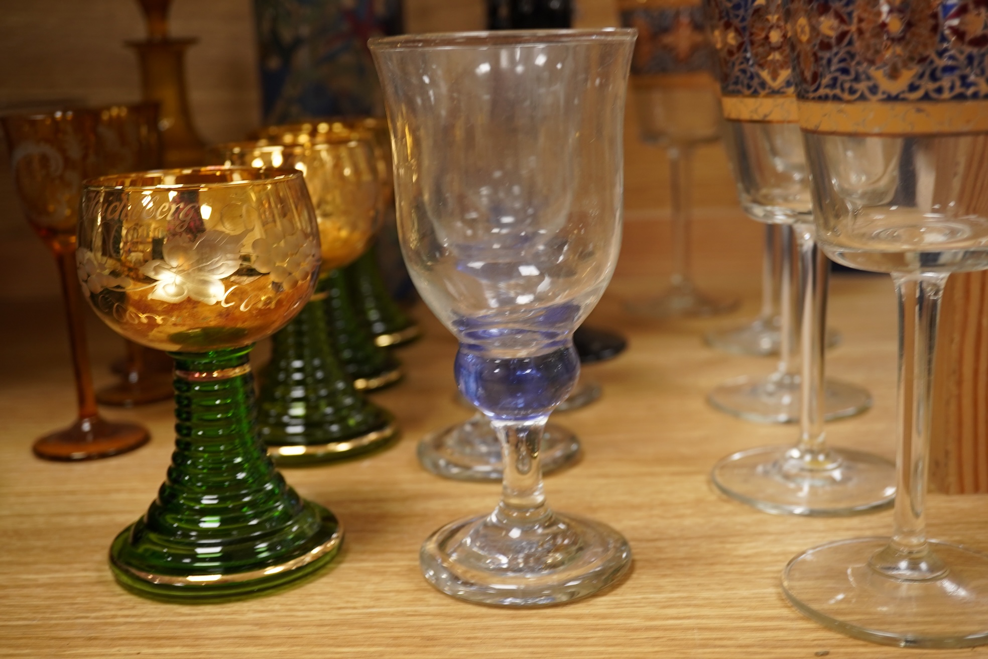 A quantity of 20th century coloured and clear glassware together with a mid 18th century Silesian stem glass tazza, largest 33cm in diameter